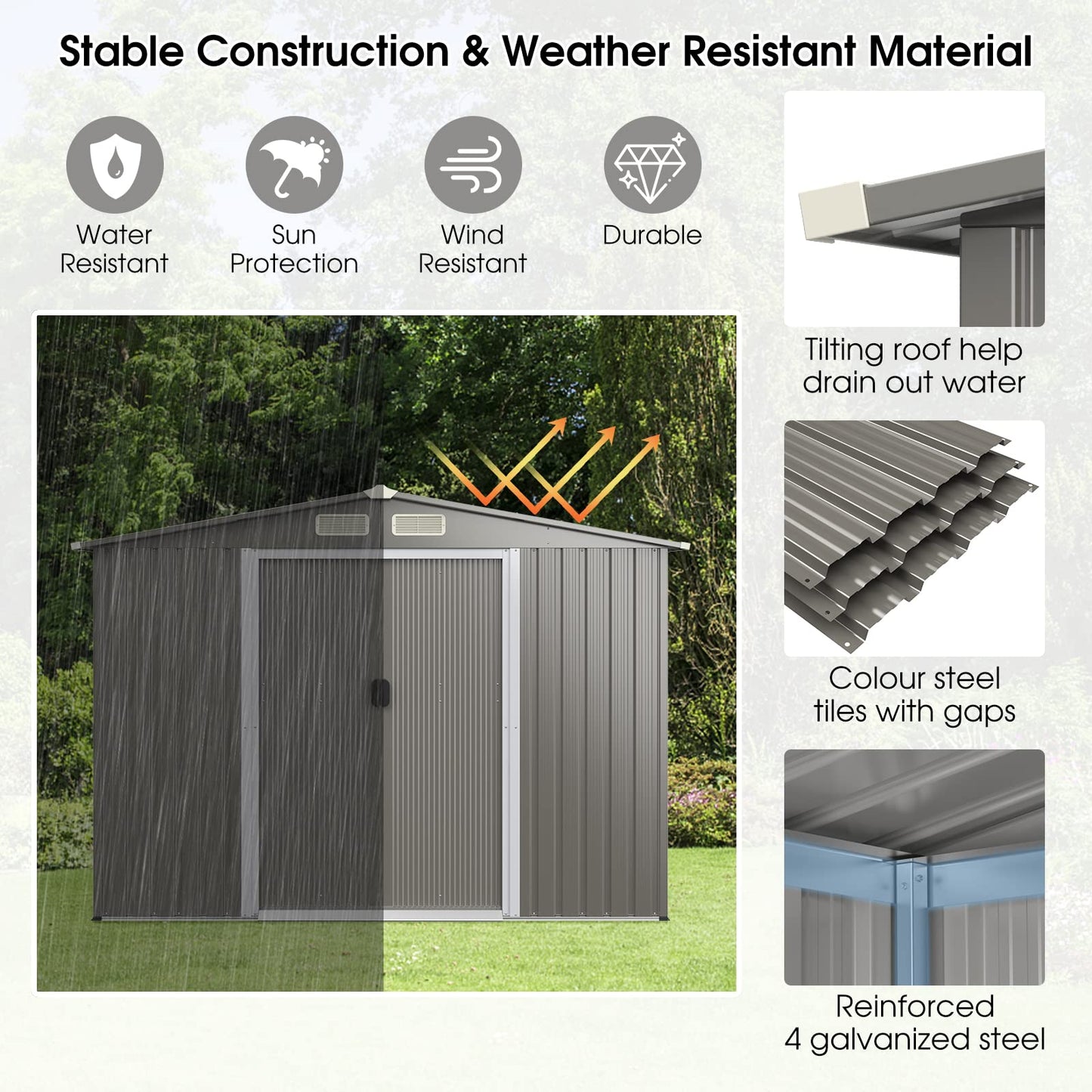 8.5x7FT Outdoor Galvanized Metal Garden Shed with Foundation