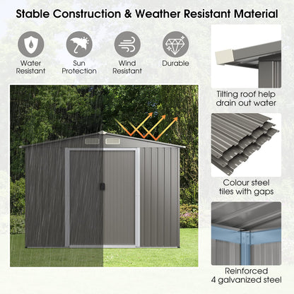 8.5x7FT Outdoor Galvanized Metal Garden Shed with Foundation