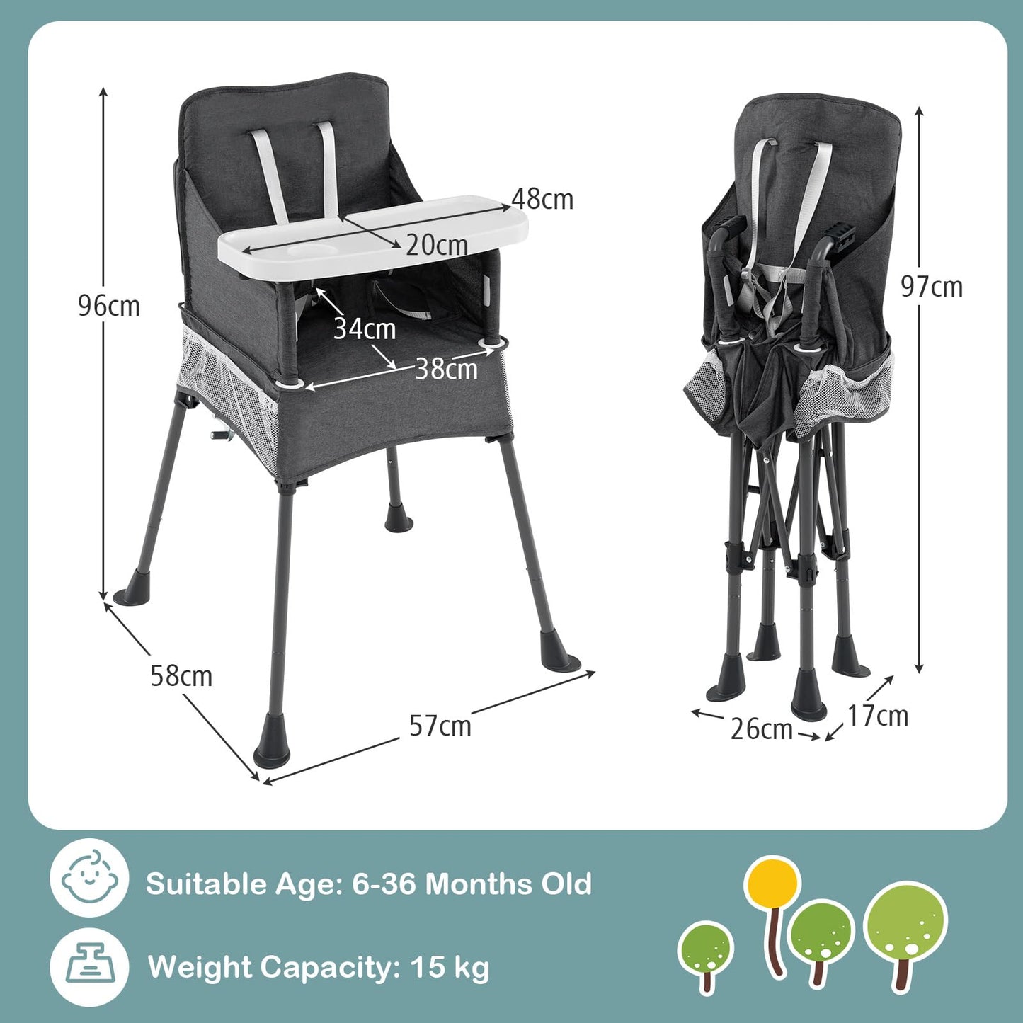 Foldable High Chair for Babies and Toddlers | Baby Highchair with 2-Level Adjustable Tray