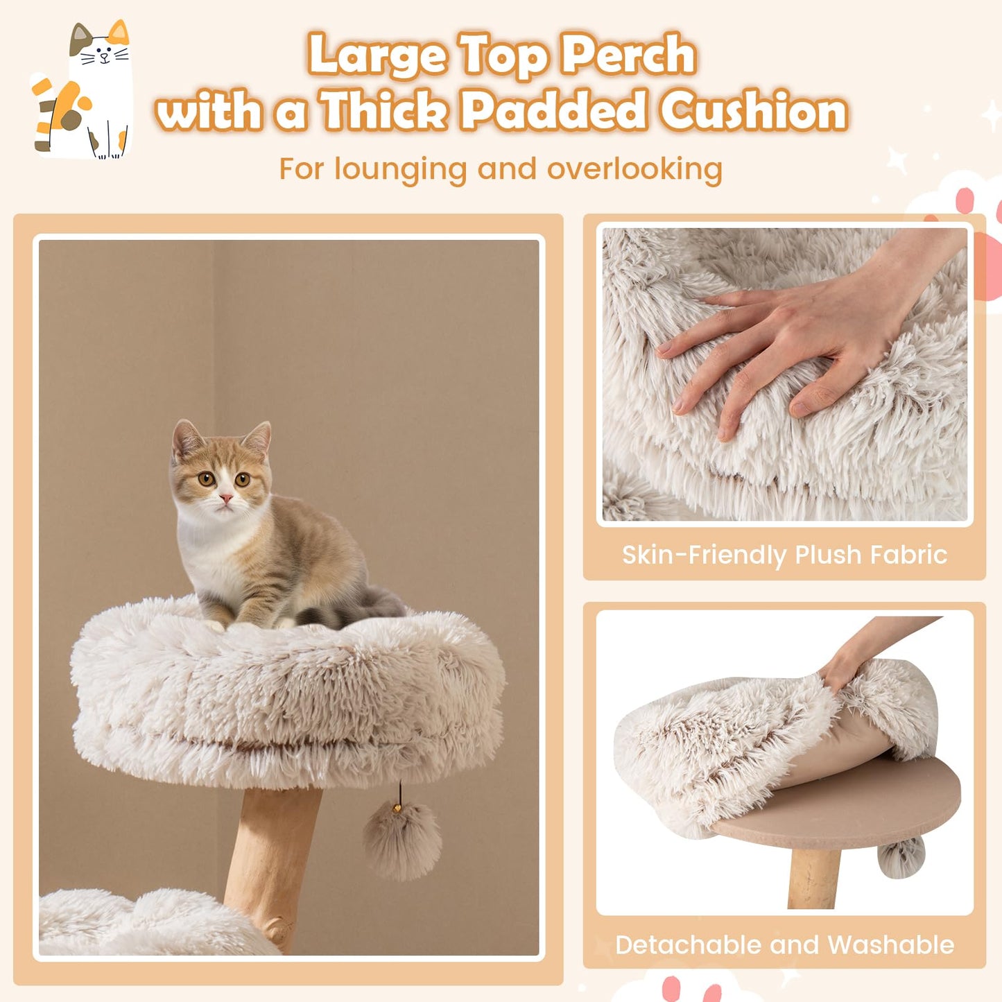 102 CM Tall Real Wood Branch Kitten Tower with Condo and 2 Flower Platforms