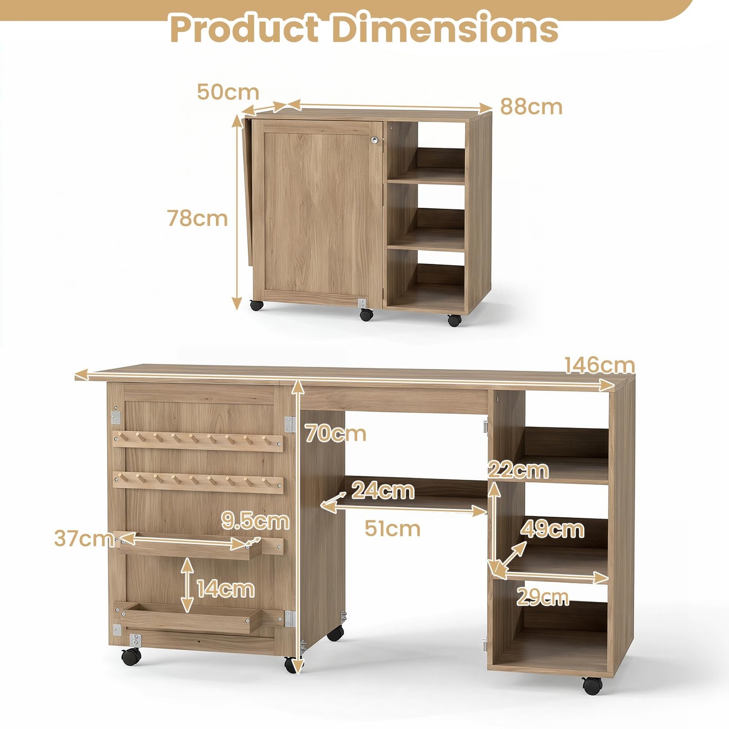 Folding Sewing Table, Rolling Craft Table Hobby Desk with Storage Shelves