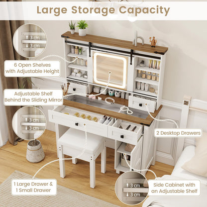 Makeup Vanity Desk and Stool Set with Sliding Mirror and Cabinet
