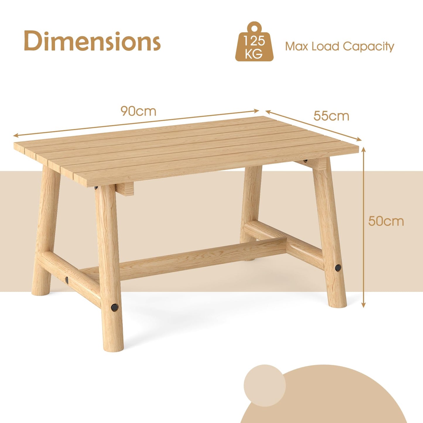 Outdoor Rectangle Coffee Table Solid Wood Patio Table with Slatted Tabletop for Garden Lawn