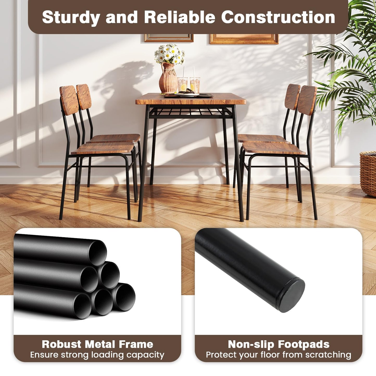 Rectangular Breakfast Kitchen Table Set with 4 Chairs and Storage Rack