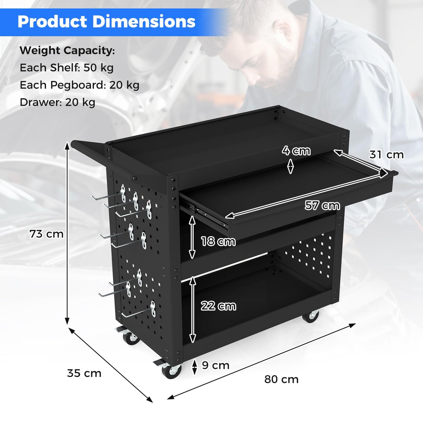 3-Tier Tool Trolley on Wheels, Lockable Metal Mechanic Tool Cart with Drawer