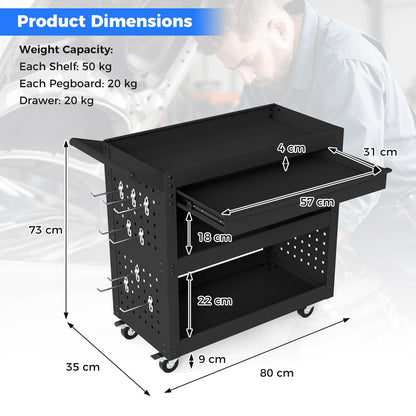 3-Tier Tool Trolley on Wheels, Lockable Metal Mechanic Tool Cart with Drawer