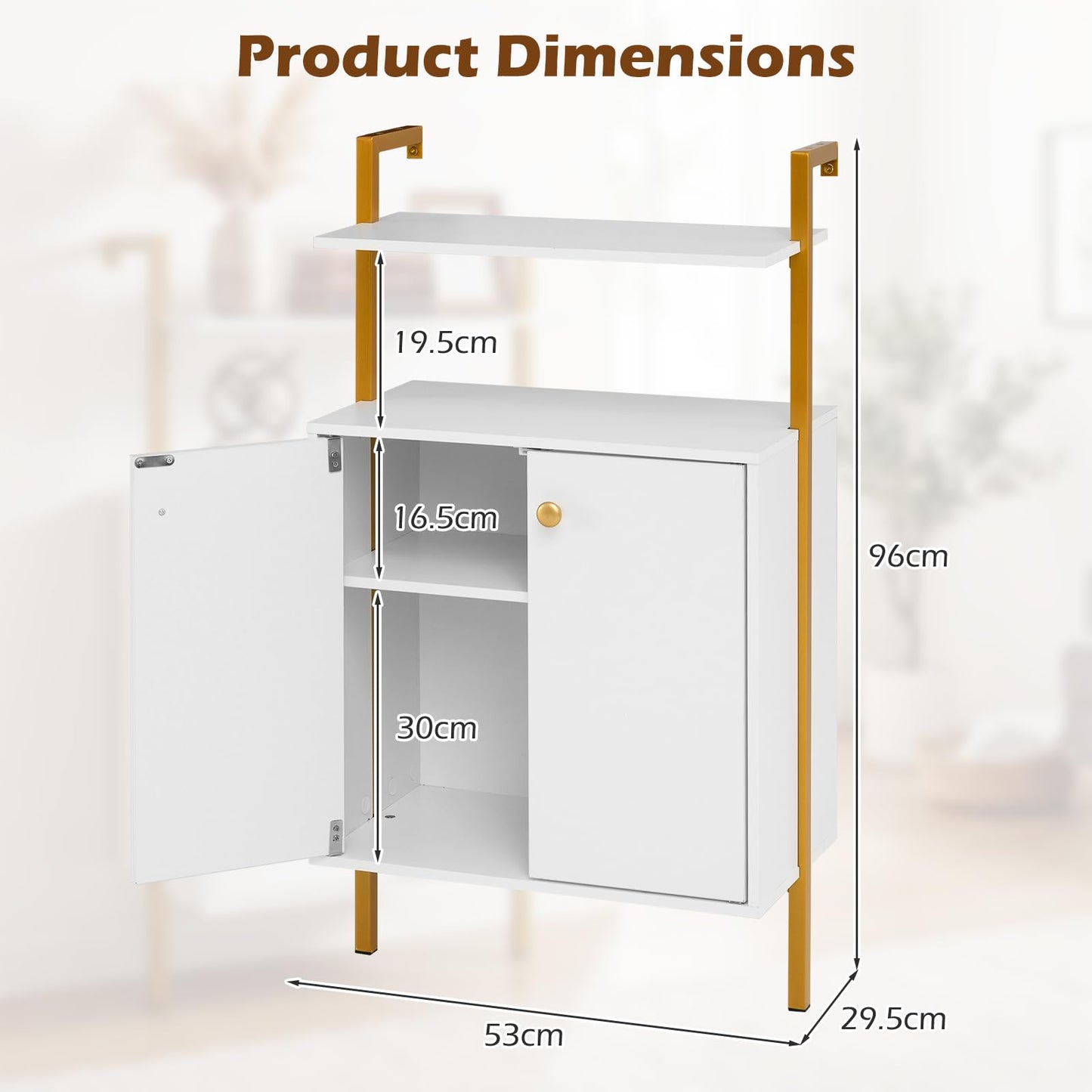 Wall Mounted Bookshelf with 2-Doors Cabinet, 4-Tier Wall Storage Bookcase Shelving Unit