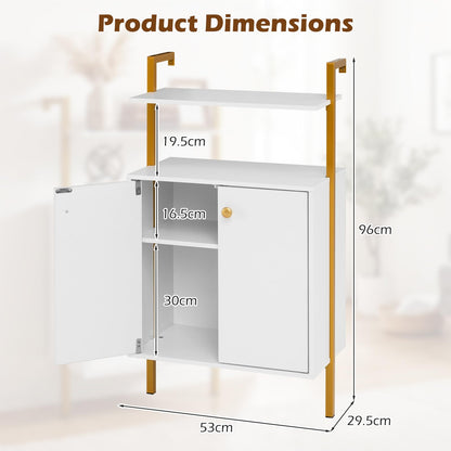 Wall Mounted Bookshelf with 2-Doors Cabinet, 4-Tier Wall Storage Bookcase Shelving Unit