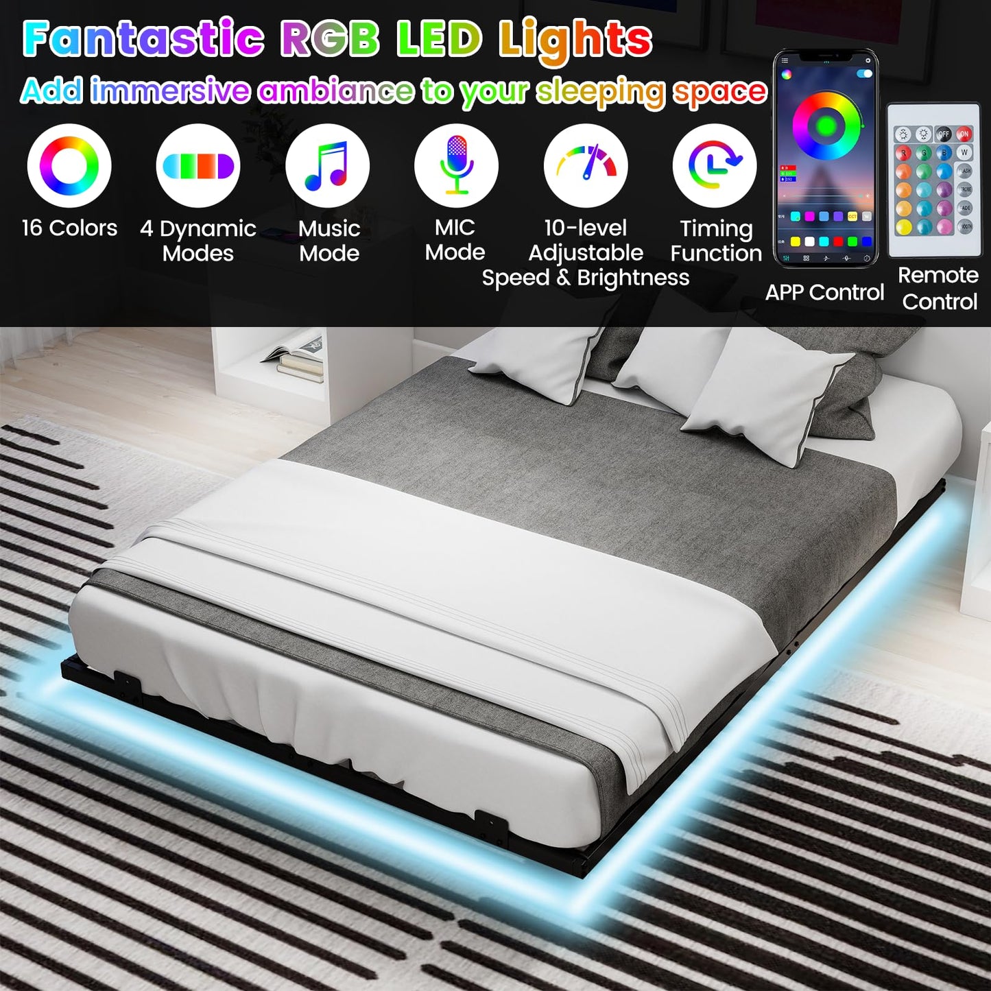 Double/King Size Floating Bed Frame with LED Lights, 4FT6/5FT Metal Slat Support Bedstead Platform Bed