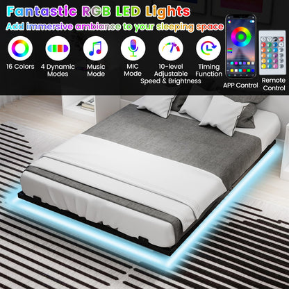 Double/King Size Floating Bed Frame with LED Lights, 4FT6/5FT Metal Slat Support Bedstead Platform Bed