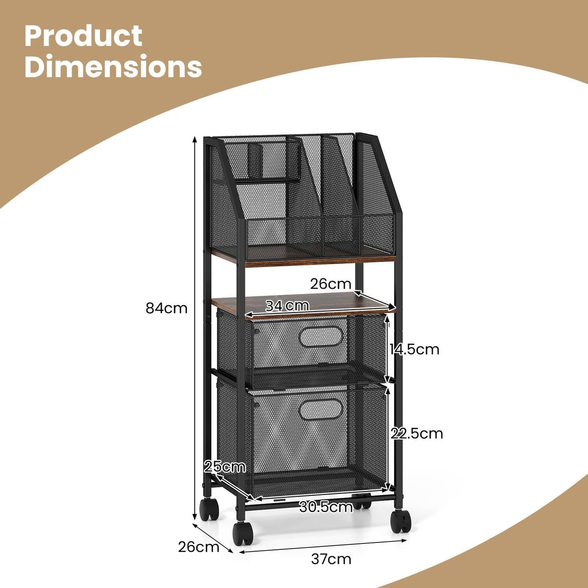 Rolling File Utility Cart with 2 Drawers and Lockable Wheels for Home Office