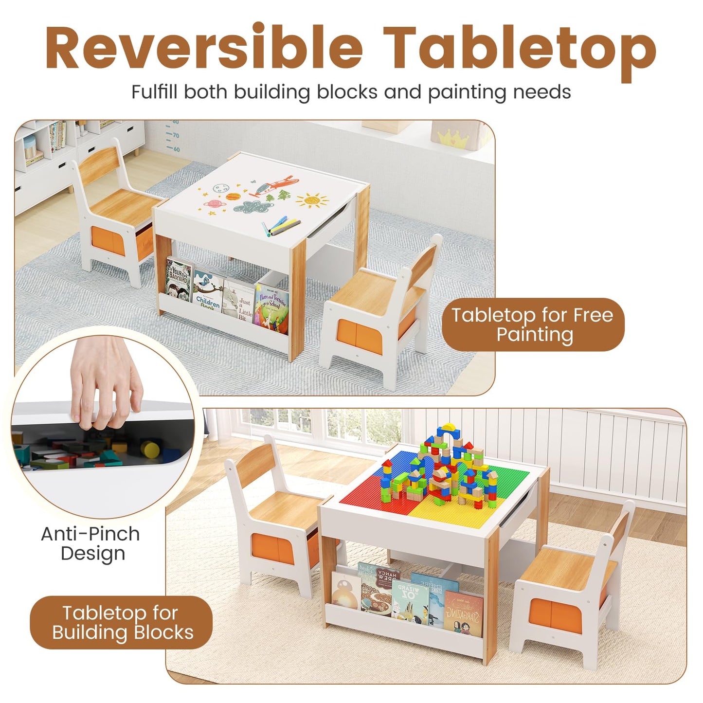 Kids Table and 2 Chairs Set Multifunctional Activity Table with Reversible Tabletop