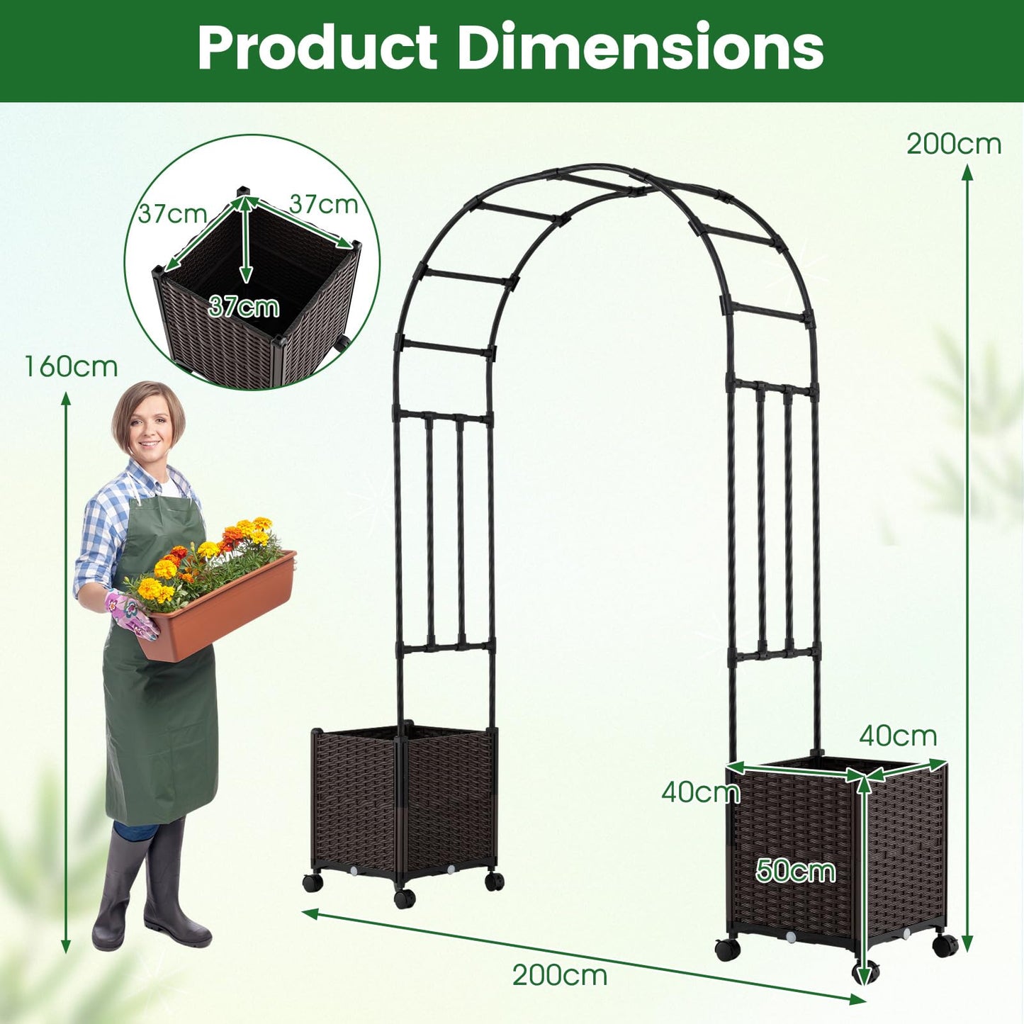 Garden Arch with Planter Box, 2M Metal Pergola Arbor Trellis with Self-Watering System