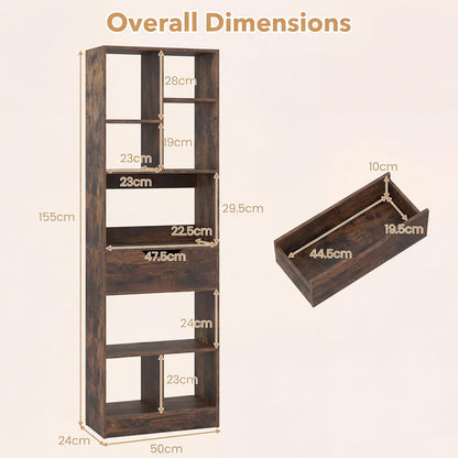 Bookcase with Drawer, Tall Freestanding Bookshelf