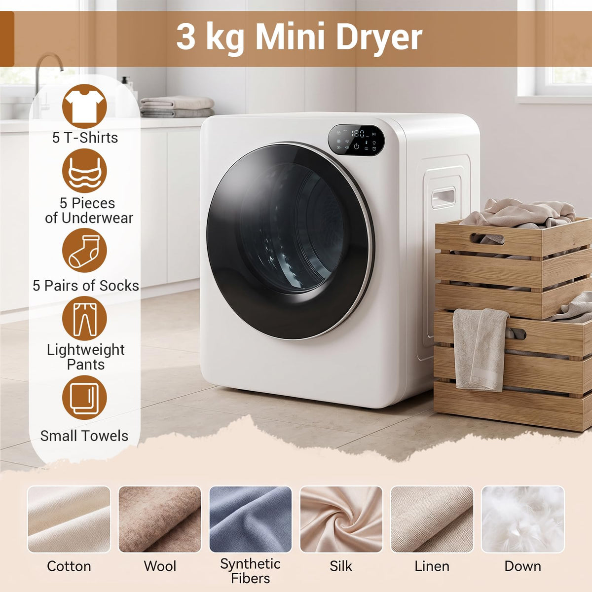 3KG Portable Clothes Dryer with 8 Drying Modes and Stainless Steel Drum for Apartment