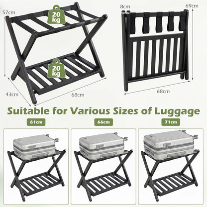 Bamboo Luggage Rack, Folding Suitcase Stand with Straps and Storage Shelf