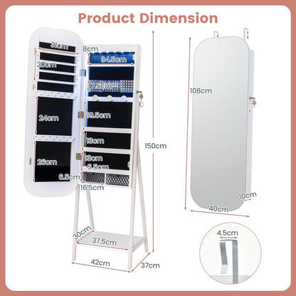 Jewelry Cabinet with Full-Length Mirror Large Storage Capacity and LED Lights