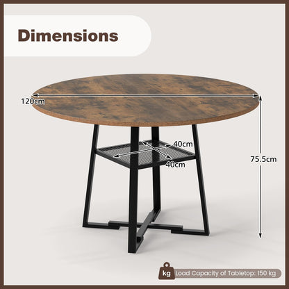 Round Dining Table for 4-6 120 CM Dining Room Table with Storage Shelf and Metal Legs