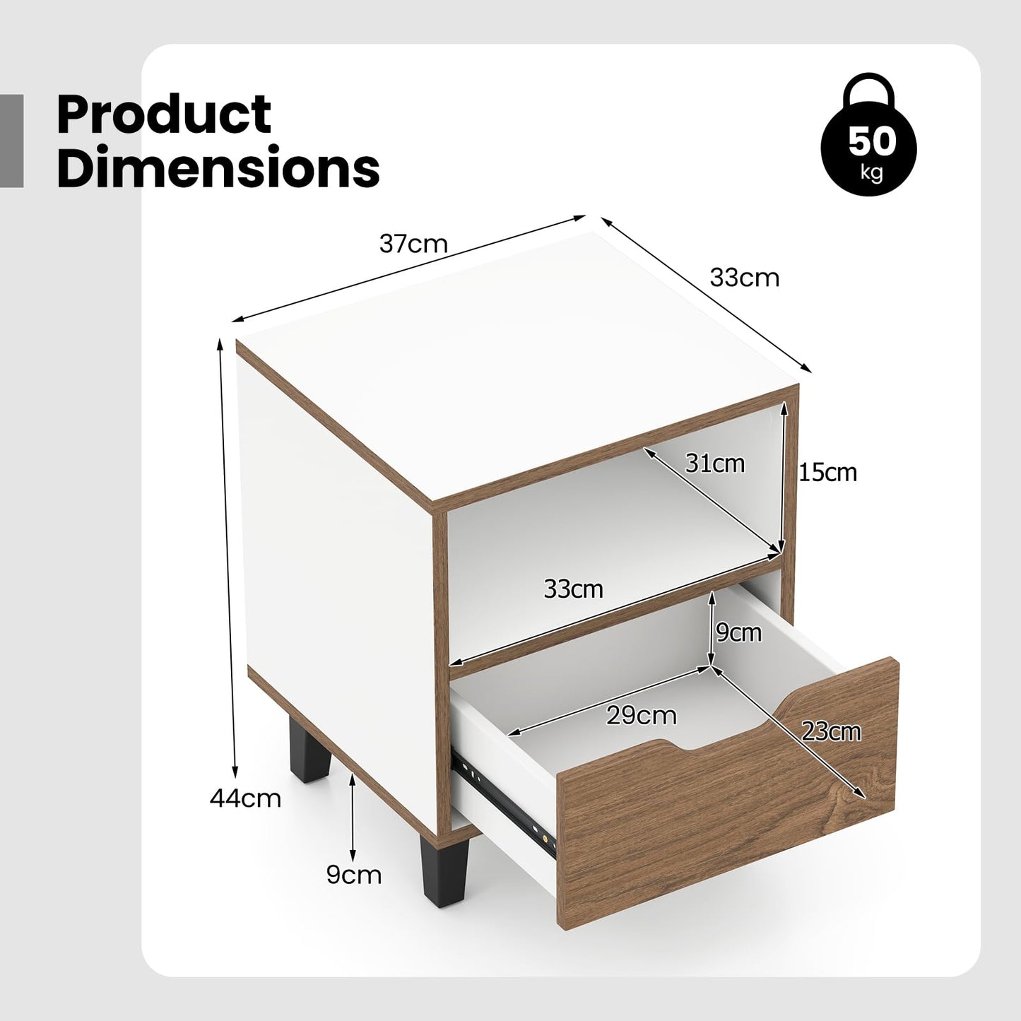 Mid Century Modern Nightstand Set of 2 with Drawer and Open storage Shelf