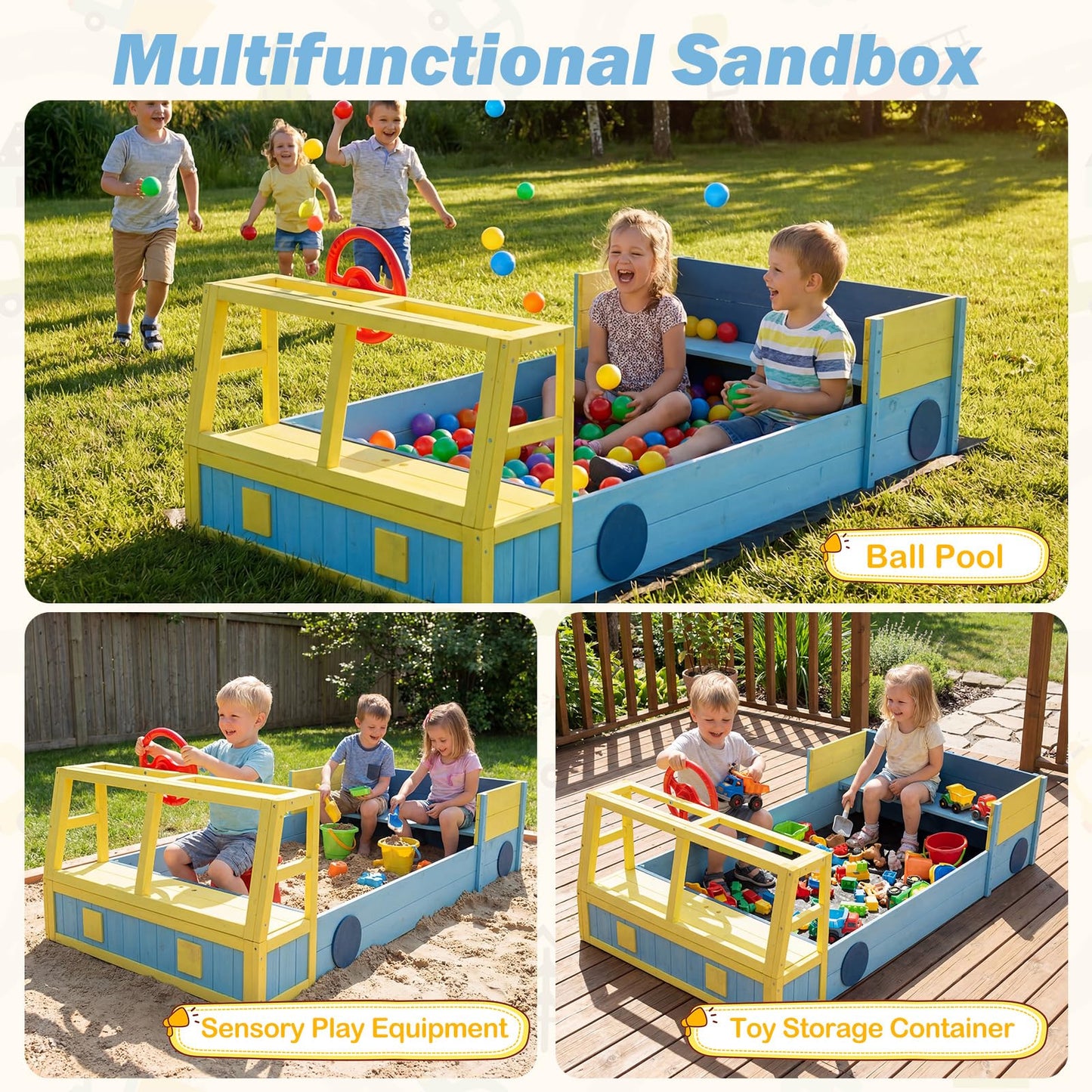 Kids Wooden Sandbox Large Car-Theme Sand Box with Bottom Liner Frame