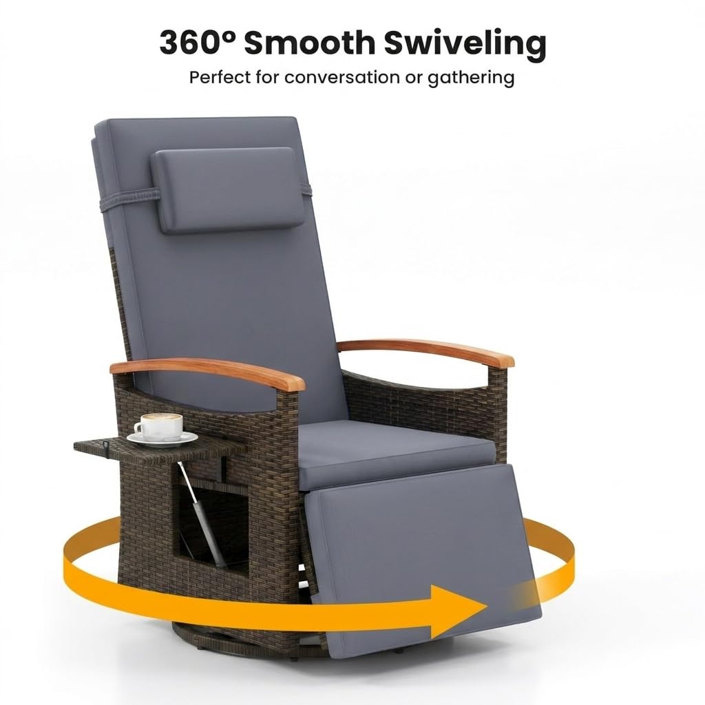 Outdoor 360° Swivel Rattan Recliner Chair with Adjustable Backrest and Footrest