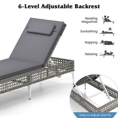 Patio Chaise Lounge PE Wicker Reclining Sun Lounger with 6-Level Adjustable Backrest
