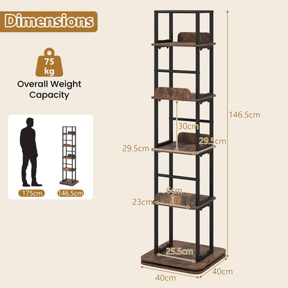 5-Tier Rotating Bookshelf Tower with 360° Spin & Side Rails for Small Spaces