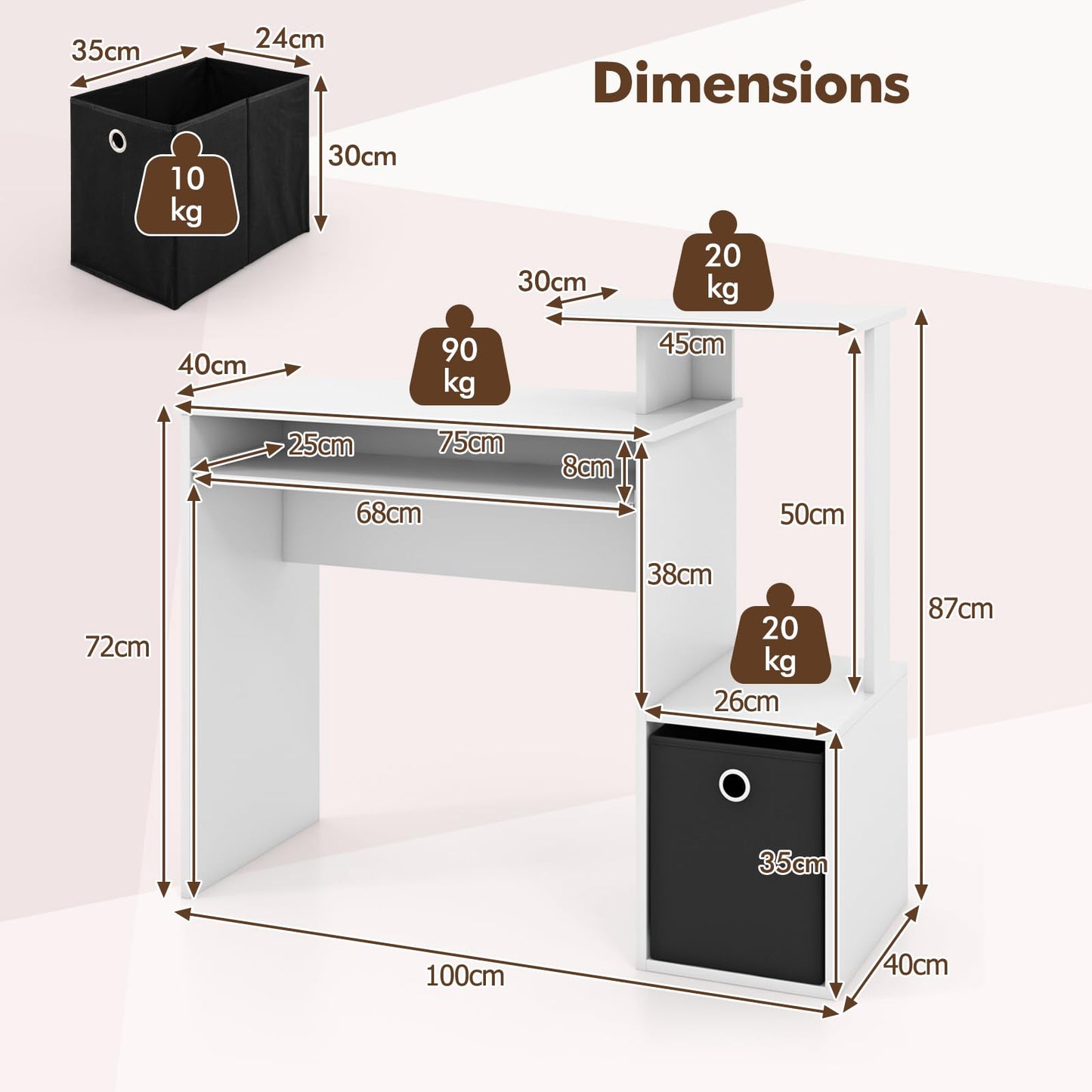 Space-saving Computer Desk with Open Shelf and Fabric Storage Drawer