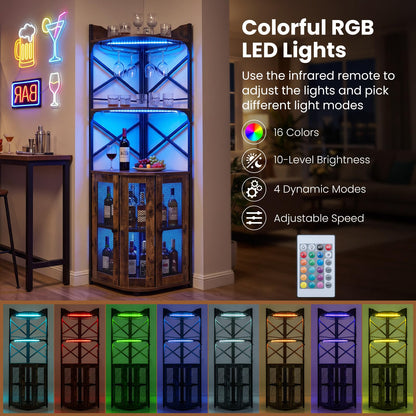 Corner Bar Cabinet with LED Lights Power Outlet and Glass Holder Storage Shelves