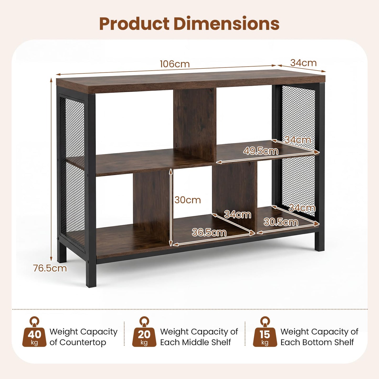 Storage Bookcase, Wooden Freestanding Bookshelf Side Cabinet with Metal Legs