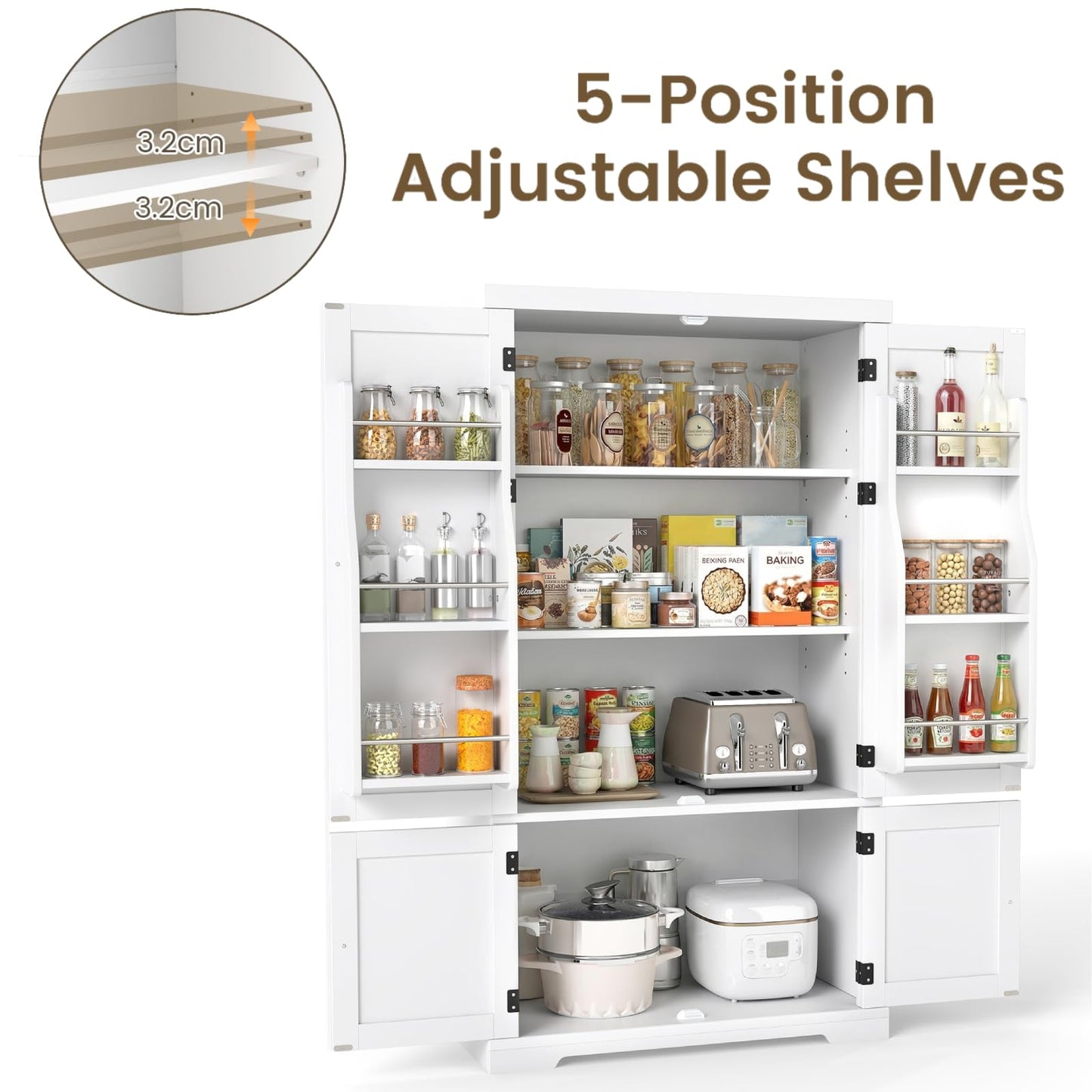 Tall Kitchen Cupboard, 4-Door Pantry Cabinet with Adjustable Shelves