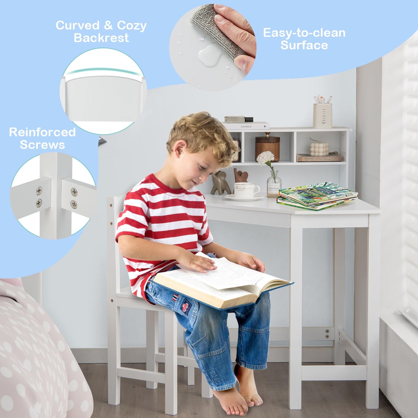 Kids Corner Desk and Chair Set with Chair and Hutch