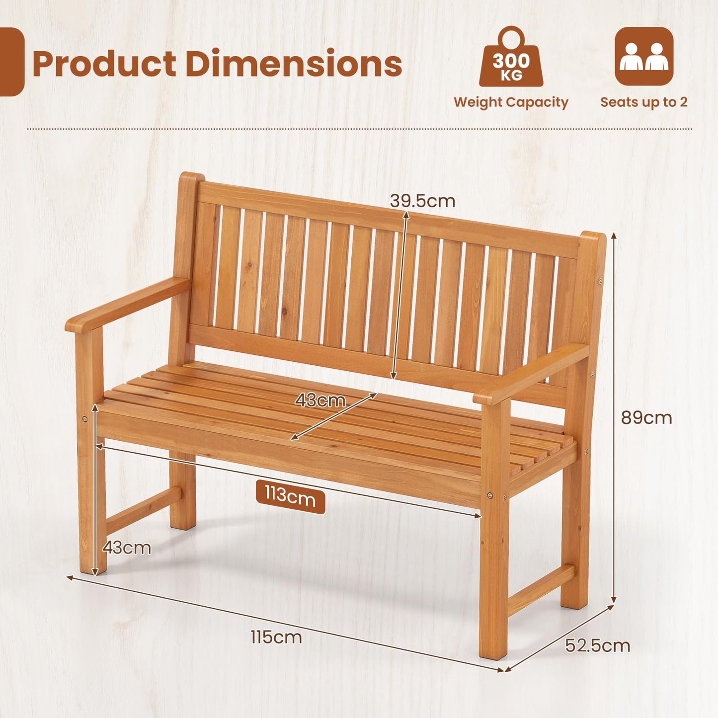 2/3-Person Garden Bench, All-Weather Wooden Patio Loveseat Park Bench Chair