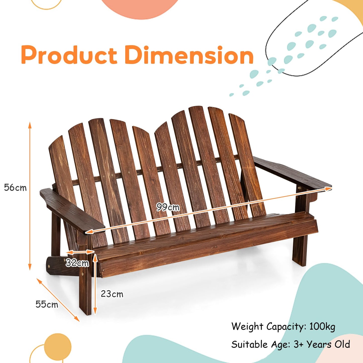 Kids 2-Seat Fir Wood Adirondack Chair with High Backrest