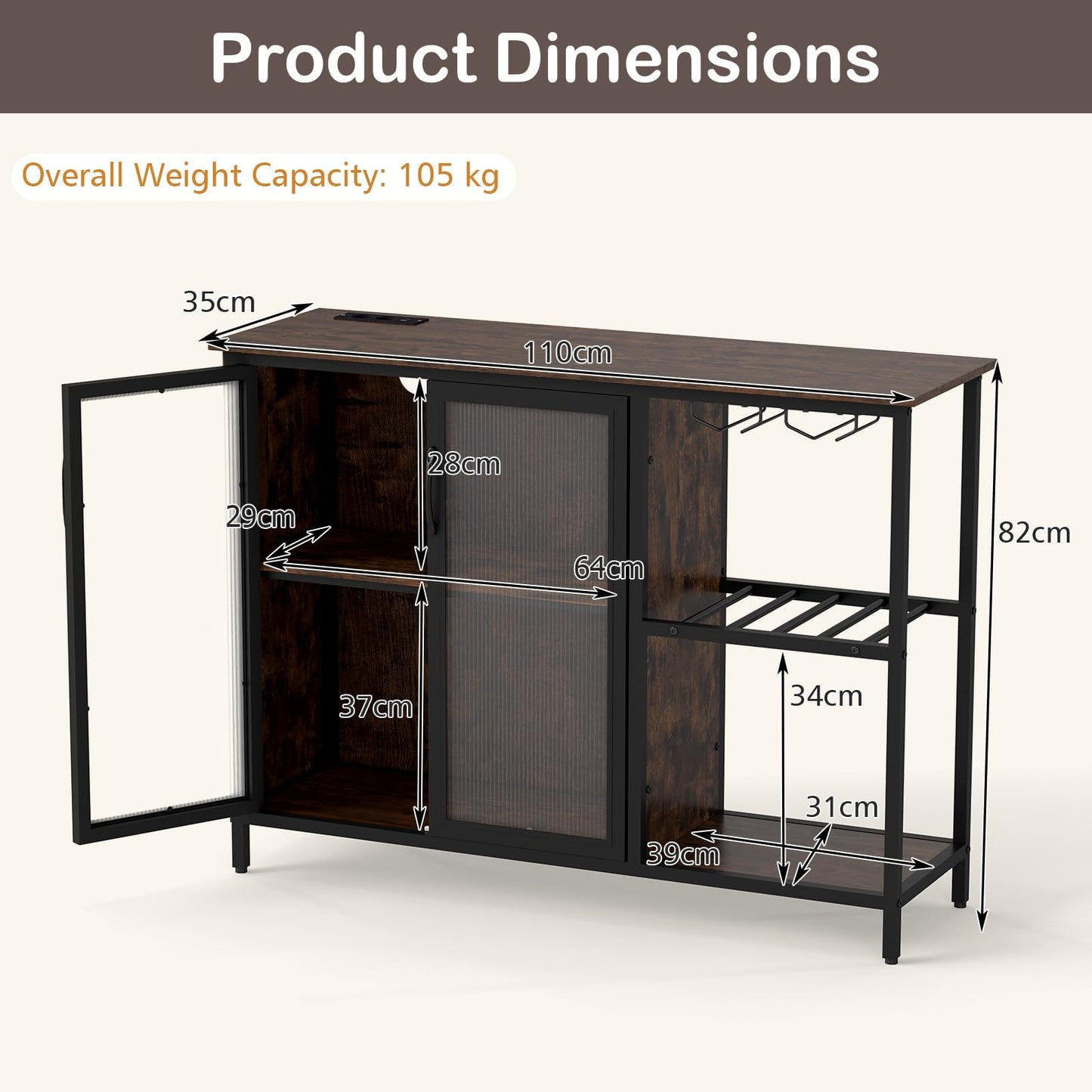 Buffet Sideboard with Power Outlets & RGB LED Lights