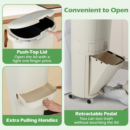 Recycling Bins, 42L Dry and Wet Separation Trash Can with 3 Compartments, Wheels, Stickers & Handl