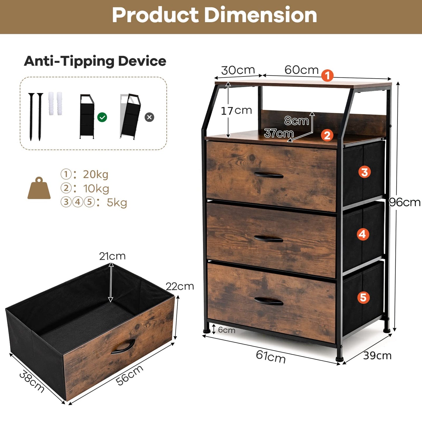 3-Drawer Dresser with Wooden Top and Front for Bedroom Living Room