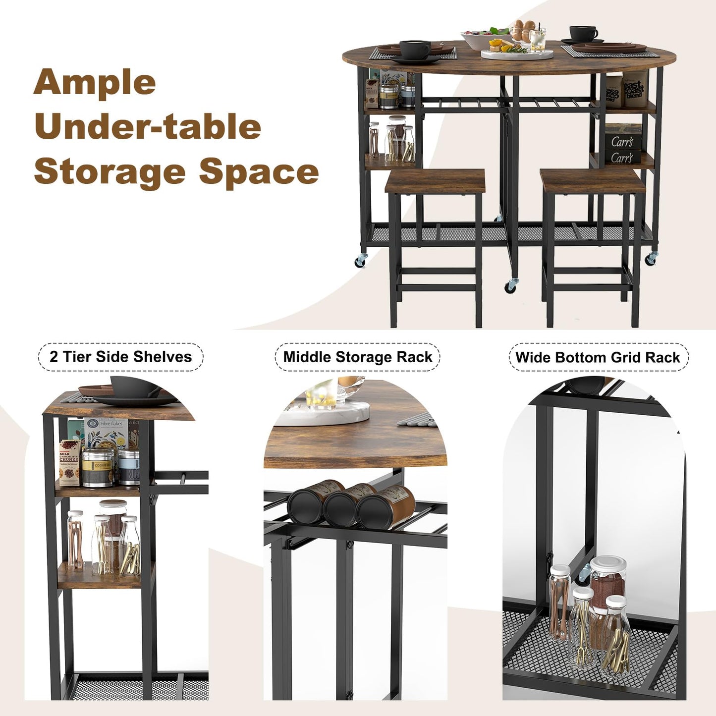3-Piece Folding Dining Table Set with Large Tabletop and Storage Racks