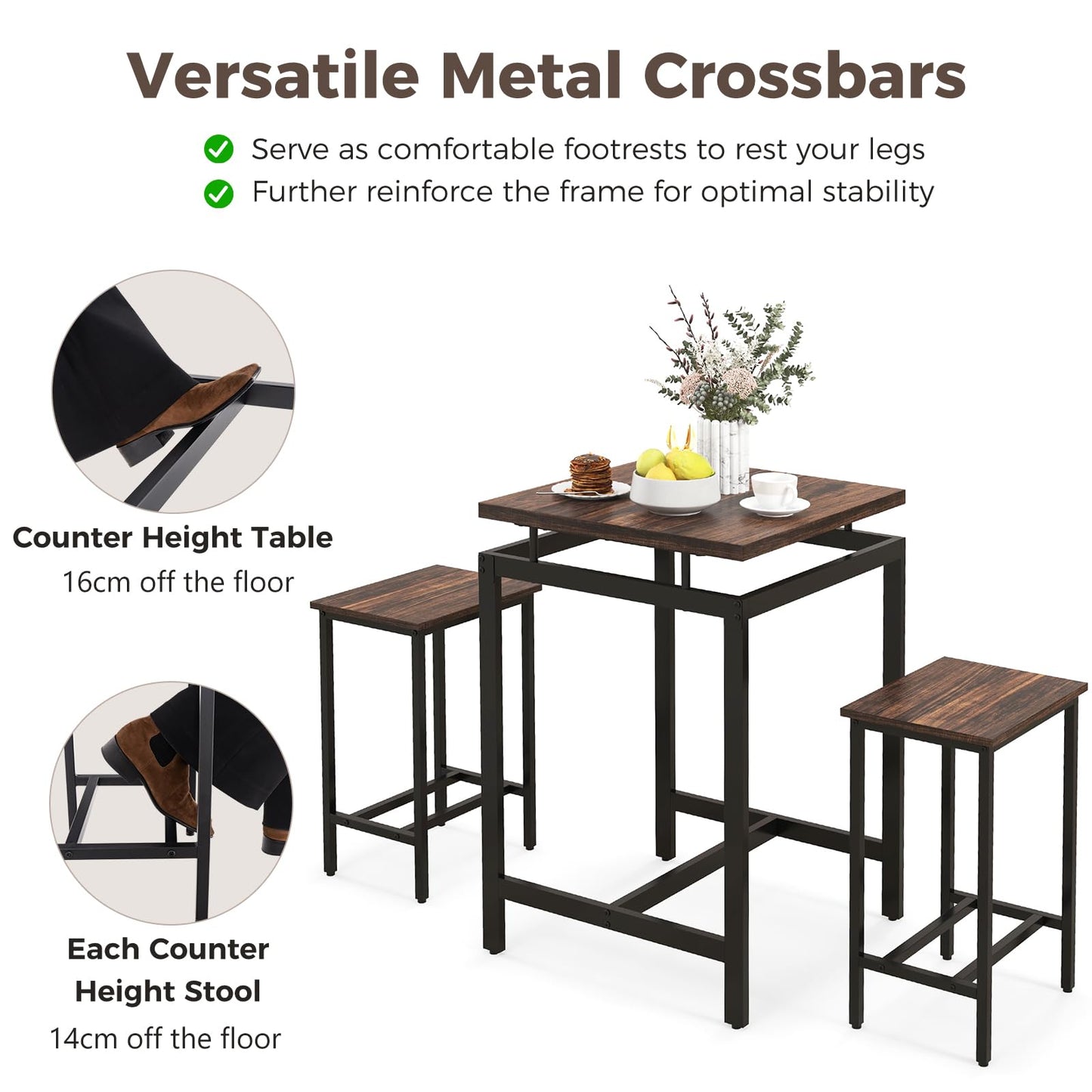 Counter Height Table and 2 Stools set with Floating Tabletop and Footrest for Small Space