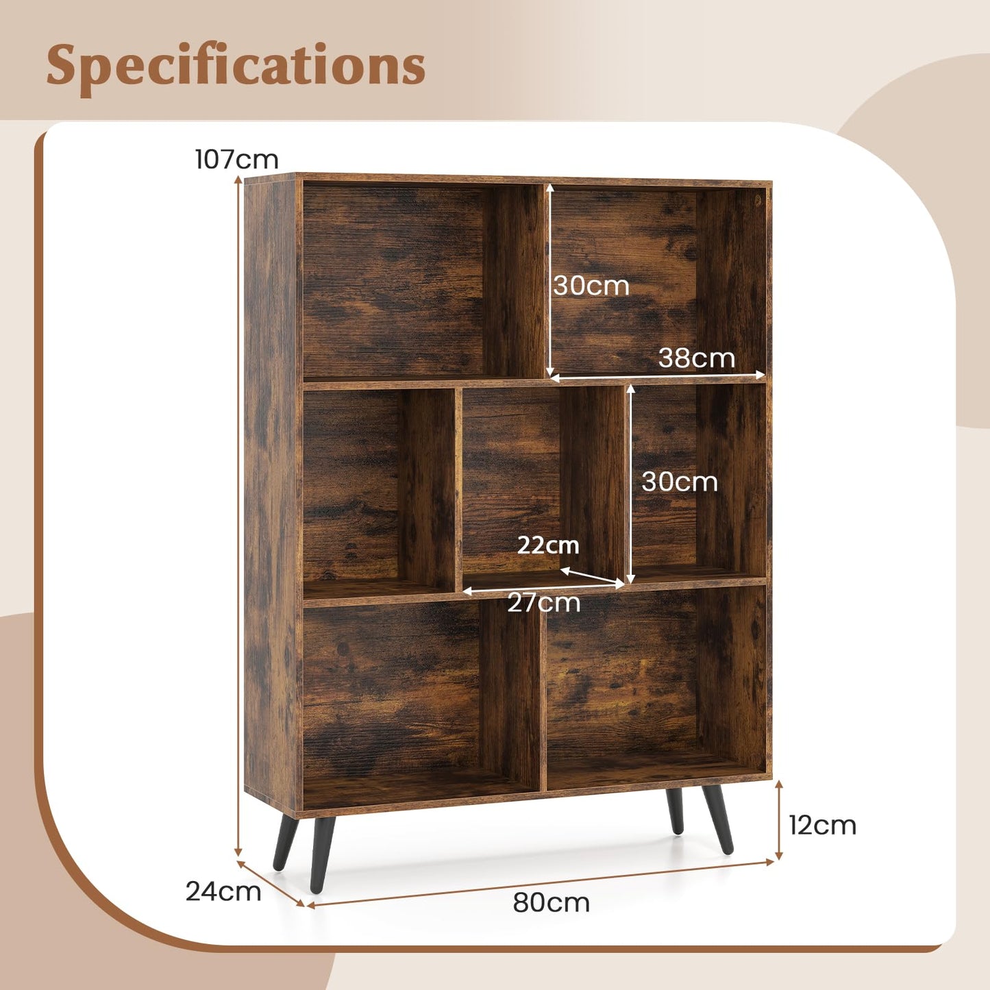 Bookcase 80/100/120/140 CM Storage Organizer with 4/5/5/5 Tapered Metal Legs
