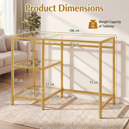 Tempered Glass Computer Desk Modern Office Desk with Open Storage Shelves