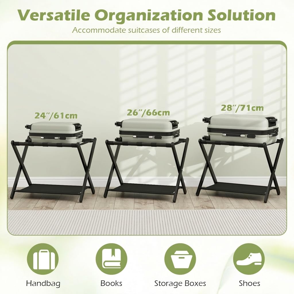 Set of 2 Bamboo Luggage Racks with Nylon Straps and Oxford Cloth Storage Shelves