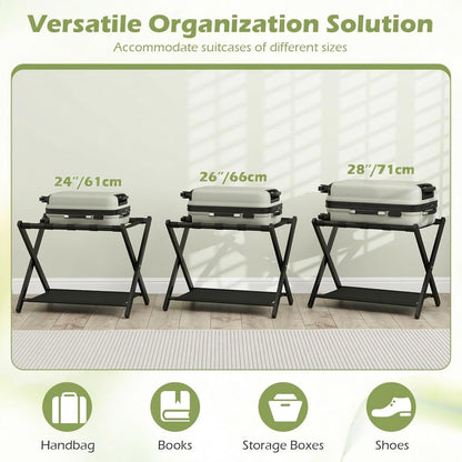 Set of 2 Bamboo Luggage Racks with Nylon Straps and Oxford Cloth Storage Shelves