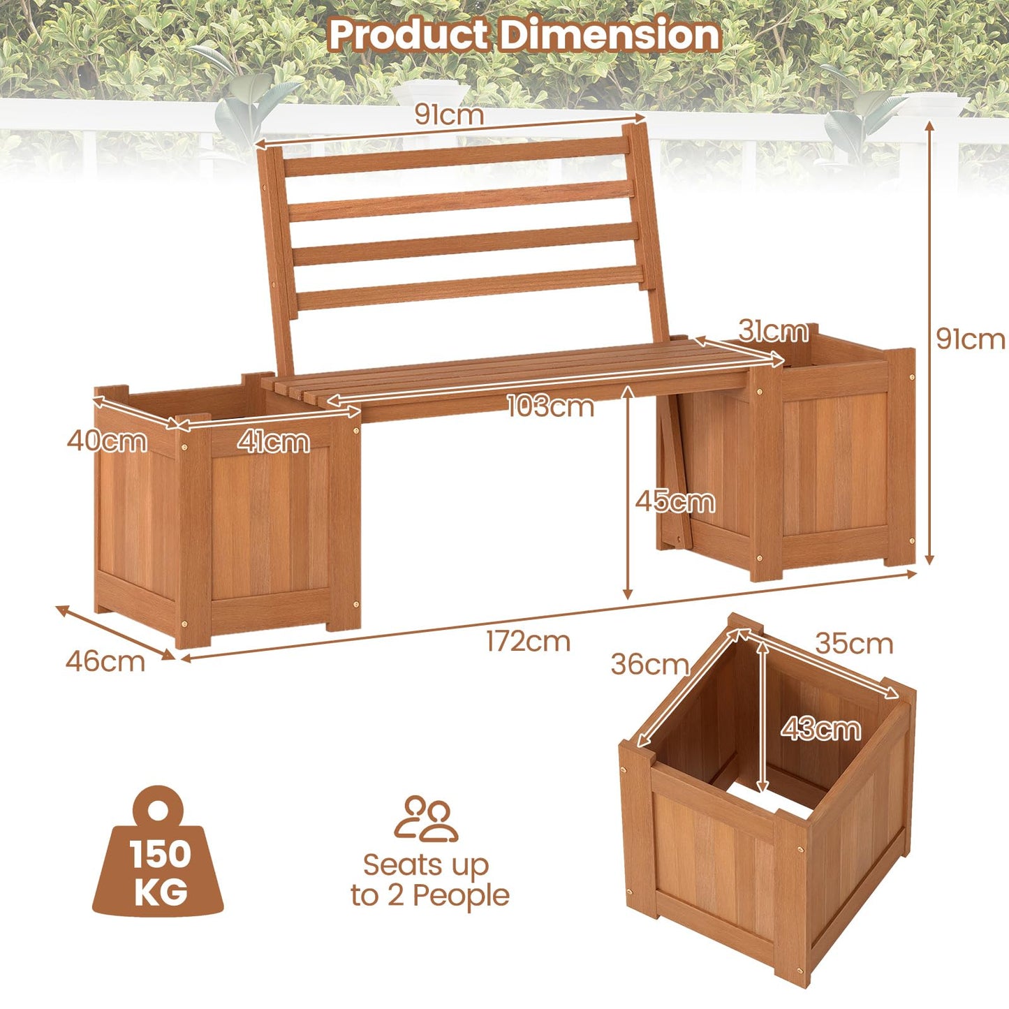 2-in-1 Wooden Planter with Bench, Raised Garden Bed with Open-ended Bottom