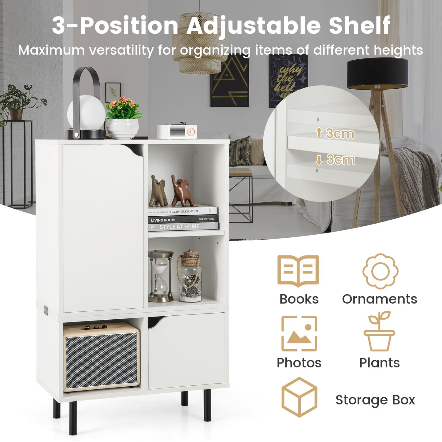 Stackable Bookcase with Adjustable Shelf and Cubes for Living Room Bedroom
