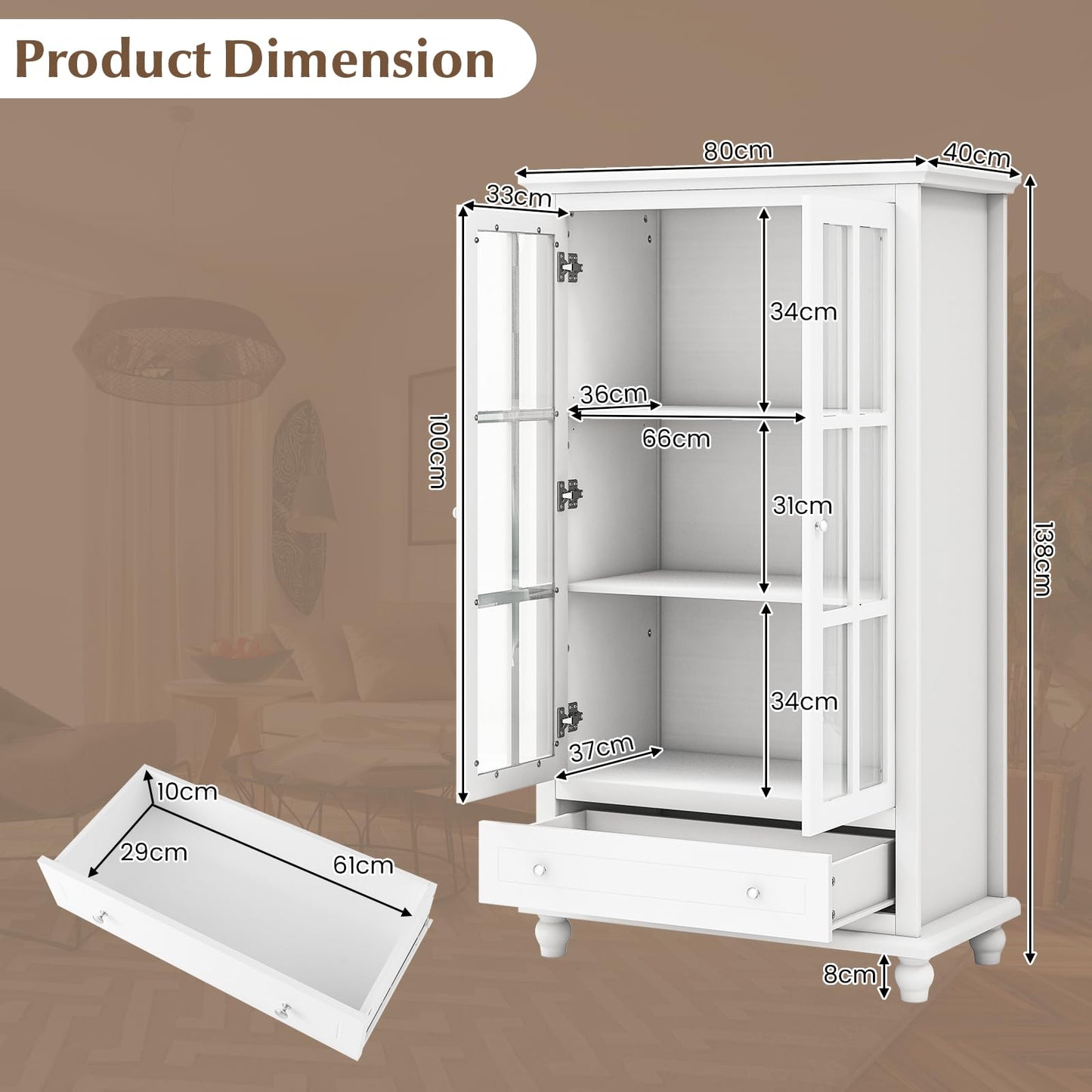 Bookcase Cabinet with Tempered Glass Doors and Adjustable Shelf