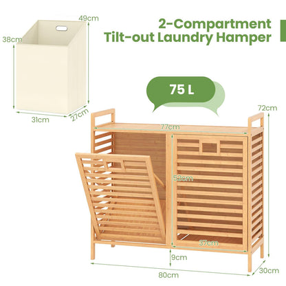 75L Double Tilt-out Laundry Hamper Bamboo with 2 Removable Bins