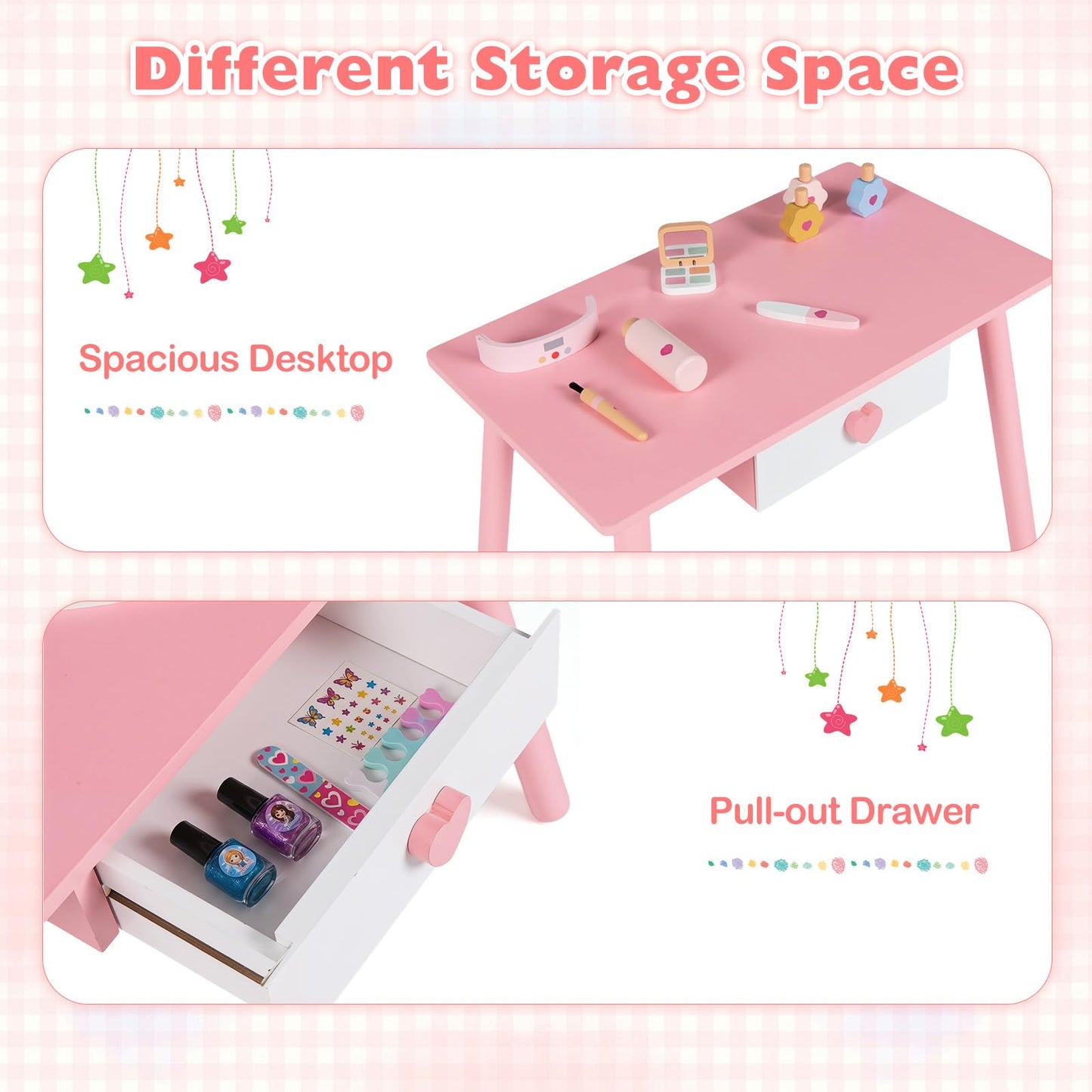 Kids Table and Chairs Set, Children Makeup Table with Eye Shadow