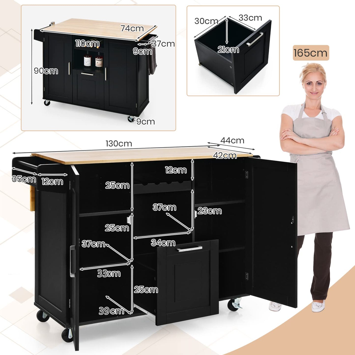 Drop-Leaf Kitchen Island on Wheels, Rolling Storage Trolley Cart