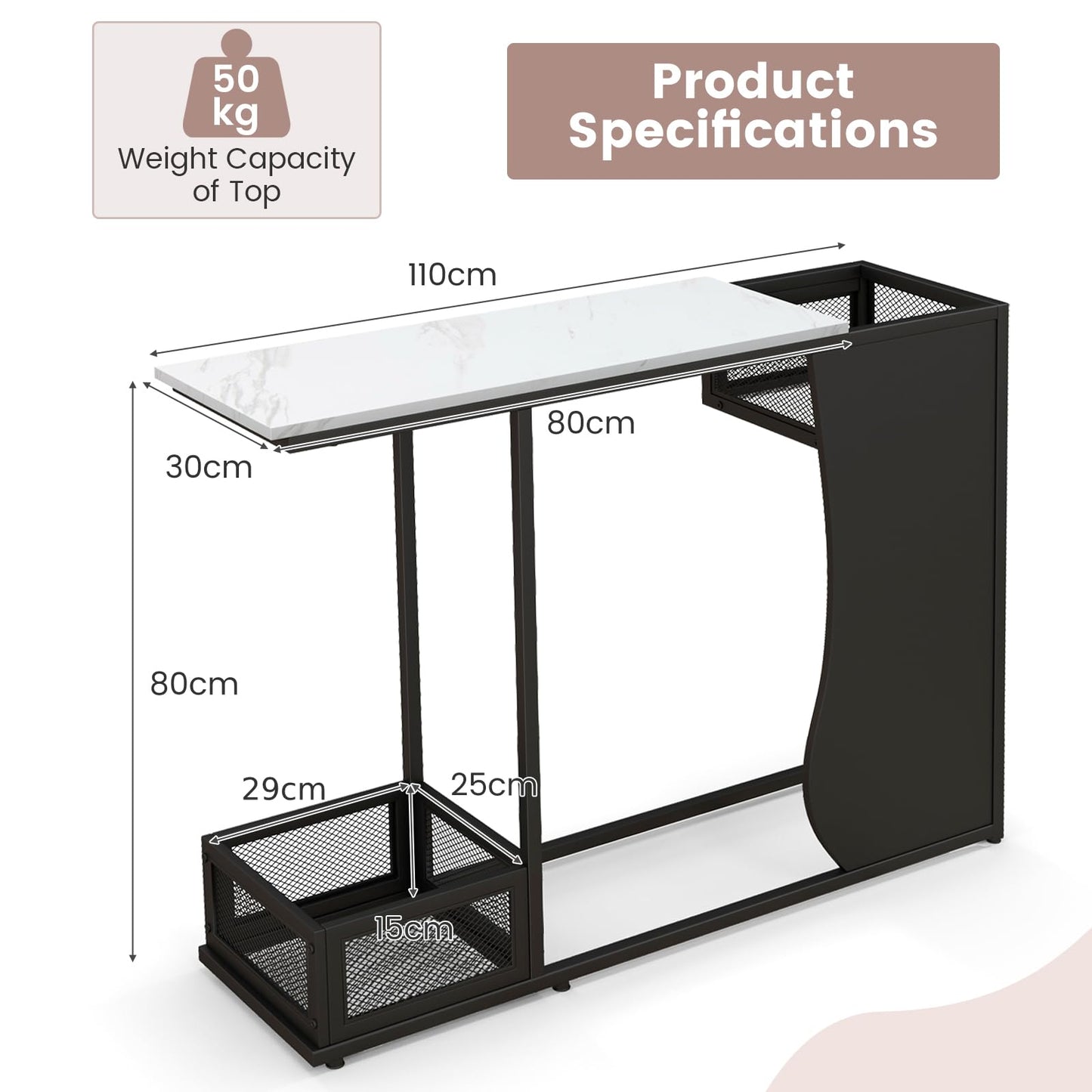 Modern Sofa Accent Console Table with 2 Storage Mesh Cubes